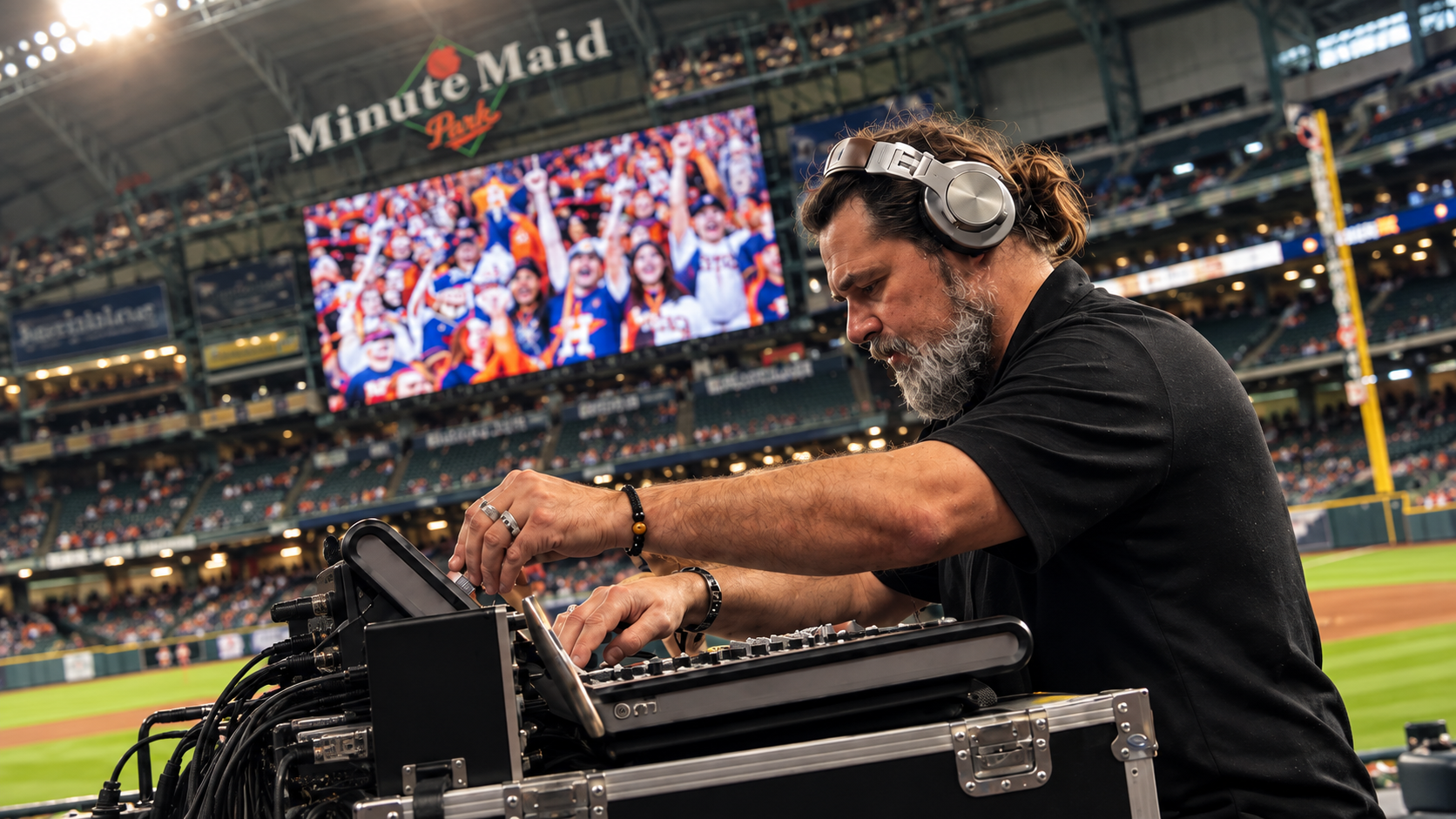 Elvin working at a live sound console in a stadium